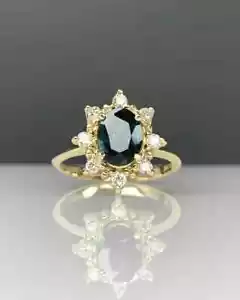 14K Gold Unique Teal Sapphire Classic Engagement Ring Flower Cluster Women ring - Picture 1 of 8
