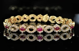 $8750 18k Yellow Gold 5.60ct Oval Cabochon Ruby Round Diamond Tennis Bracelet 7” - Picture 1 of 7