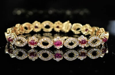 $8750 18k Yellow Gold 5.60ct Oval Cabochon Ruby Round Diamond Tennis Bracelet 7” - Image 1 of 4