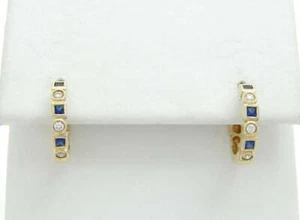 DIAMOND SAPPHIRE EARRINGS HOOP HUGGIE EARRINGS  - Picture 1 of 3