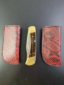 Red Faux PYTHON SNAKE LEATHER knife sheath buck 110 Handmade Pocket Knife Pouch - Picture 1 of 7
