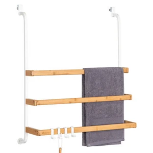 B-Ware eluno Handtuchhalter für die Glasduschwand aus Metall und Bambus, weiß - Bild 1 von 9