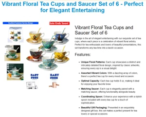 Vibrant Floral Tea Cups and Saucer Set of 6 - Perfect for Elegant Entertaining - Picture 1 of 8