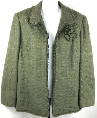 Chaqueta Alfred Dunner Tweed 14 Verde Flecos Borde Flor Broche Cuello Frente Abierto Foto 1 de 4