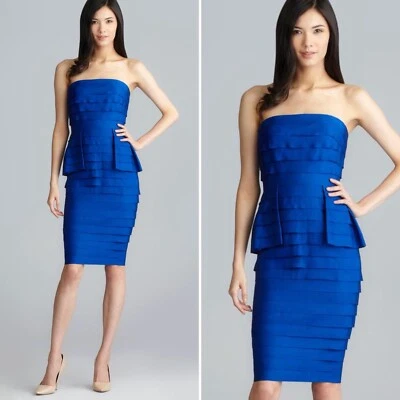 Vestido Carmen Marc Valvo $825 Talla 6 Sin Tirantes En Niveles Zafiro Azul Peplum Nuevo con Etiquetas Foto 1 de 4