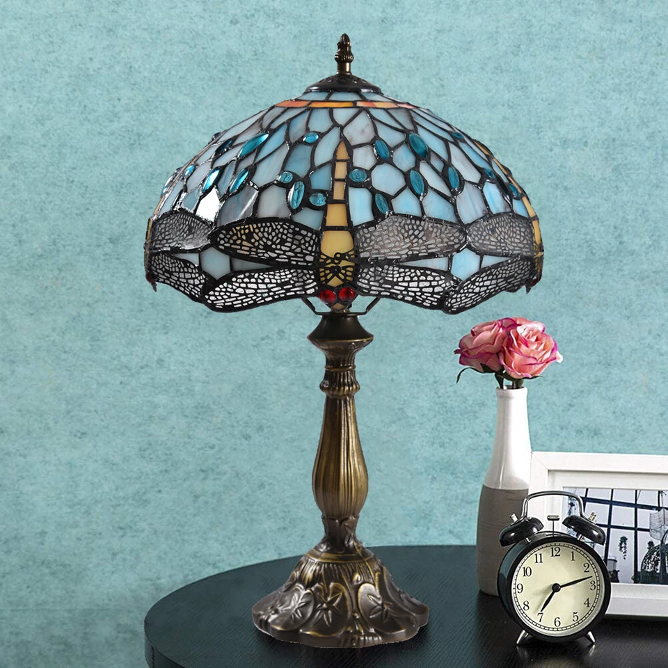 Lámpara de mesa estilo Tiffany vintage libélula vitral lámpara de escritorio 18" de alto Foto 1 de 4
