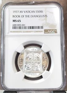 1977 VATICAN SILVER 500 LIRE BOOK OF THE EVANGELISTS NGC MS 65 NICE GEM BU - Picture 1 of 3