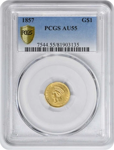 1857 $1 Gold Liberty Head AU55 PCGS Cover
