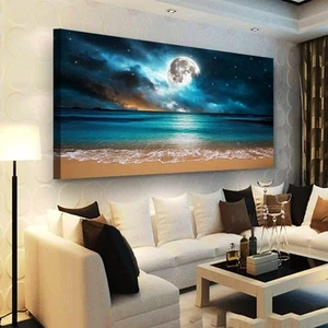 Beach Themed Wall Art Canvas Prints Seascape Picture Bathroom Décor Moon Ocea... - Picture 1 of 9
