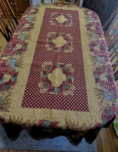 VTG Harvest Italian Fringed Tapestry Woven Table Cloth Cover Throw 4' X 8' - Picture 1 of 8