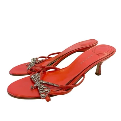 VTG 90s Y2K Rhinestone Dragonfly Orange Leather Heel Sandals Kitten Slip On 8.5 - Image 1 of 4