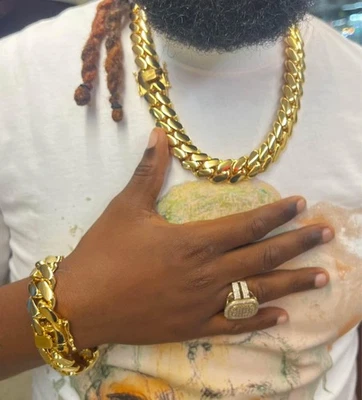 Bracelet & Chain Set  Miami Gold Cuban Link Gold Plated Stainless Steel Set 20mm - Image 1 of 4