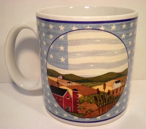 Vtg 1999 Warren Kimble Cup Mug America The Beautiful Sakura Flag Barn 12 OZ - Picture 1 of 7