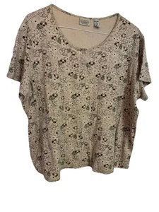Classic Elements Women’s Size 20-22W Top Beige Floral Short Sleeve 100% Cotton - Picture 1 of 9