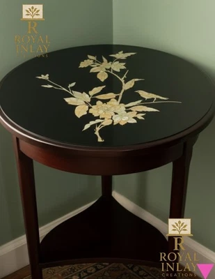 Marble Inlay Round Table Top – Handmade Floral Art Stone Furniture - Image 1 of 4