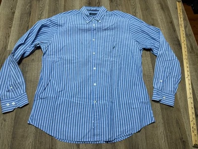 Camisa Nautica, Para Hombre Grande Azul Blanco Marrón Rayas Abotonadas Años 100 Dos Capas Algodón Foto 1 de 4
