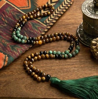 老虎眼绿松石 108 马拉祈祷治疗冥想护身符流苏项链 — 第 1/4 张图片