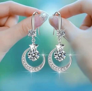 92.5 STERLING SILVER STAR MOON DANGLE EARRINGS - Picture 1 of 2