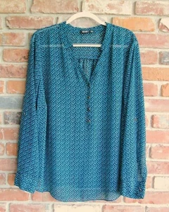 top donna a n a plus 3X blu nero chevron popover scollo a v linguetta maniche lunghe - Foto 1 di 7