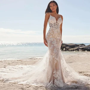 Beach Mermaid Wedding Dress Spaghetti Strap Appliques Backless Tulle Bridal Gown - Picture 1 of 6