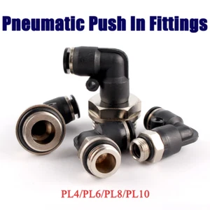 Pneumatic Push In Fittings Male Elbow Connectors PL4/PL6/PL8/PL10 Multiple Size  - Picture 1 of 20
