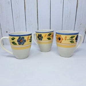 3 Pier 1 Stoneware Mugs Floral Flowers Yellow Blue Red Dishwasher Microwave Safe - Picture 1 of 20