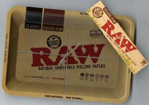 RAW "MINI" METAL Rolling Tray (7 1/8" x 5") +KING SIZE SLIM ORGANIC HEMP PAPERS  - Picture 1 of 1