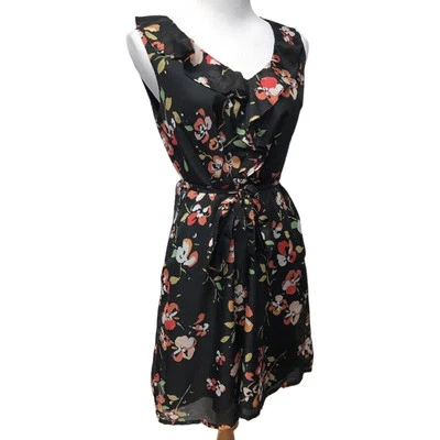 Merona Dress Womens Size 10 Shift Sheer Lined Ruffle V Neck Floral Belted - Image 1 of 4