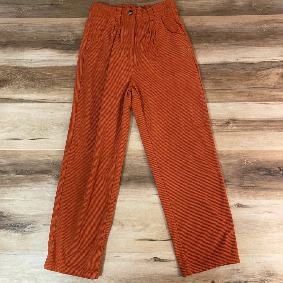 Pantalones para mujer de cintura media alta de pana pierna ancha naranja plisado naranja óxido Foto 1 de 4