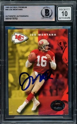 Tarjeta Skybox Premium 1993 firmada por Joe Montana 48 49ers automática GM 10 Beckett Foto 1 de 2