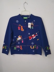 Neu mit Etikett PS ONQUE zierlicher blauer Weihnachtspullover Reißverschluss vorne Schneeflocken neu - Bild 1 von 6