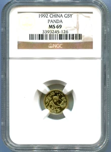 1992 GOLD CHINESE PANDA 1/20 OZ. 5Y NGC MS69 MS-69 CHINA 5 YUAN BEAUTIFUL ! - Picture 1 of 4