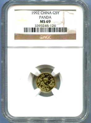 Panda chino de oro 1992 1/20 oz. 5Y NGC MS69 MS-69 CHINA 5 YUANES ¡HERMOSO! Foto 1 de 4