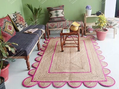 Natural Braided Scalloped Jute Rug Beige & Pink Border Home Décor Living Room - Image 1 of 4