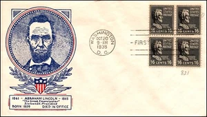 Scott 821 16 centavos Lincoln WSE / Clifford FDC bloque sin dirección plantado 821-58 - Imagen 1 de 2