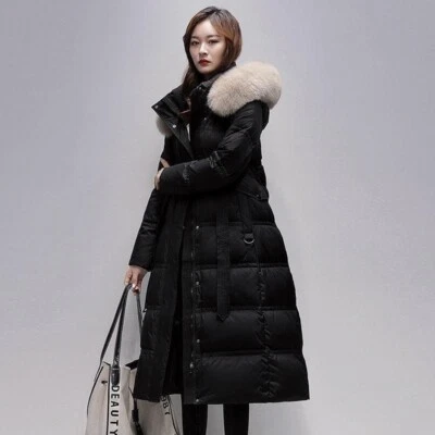 Fox Fur Collar Hooded Coat Women's Mid Length Over Knee White Duck Down Outwear - Image 1 of 4