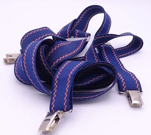 Men's Vintage Blue Red Striped Slim Silver Tone Clip On Braces Suspenders - Picture 1 of 3