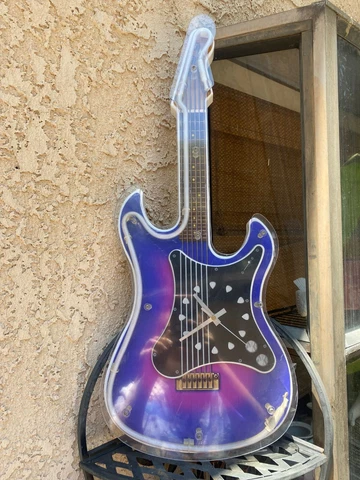 Vintage Neon Guitar Wall Clock Blue Purple Not Working Retro Decor Cover