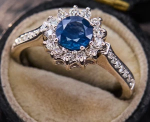 925 Silver Blue Sapphire Lab Created Gemstone & Cubic Zirconia Wonen's Ring - Picture 1 of 7