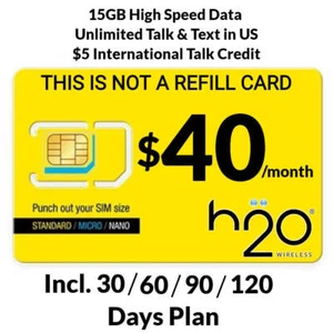 For 30/60/90/120 Days - H2O Wireless Prepaid $40 Unltd Talk, Text, 15GB Data Pla - Picture 1 of 5