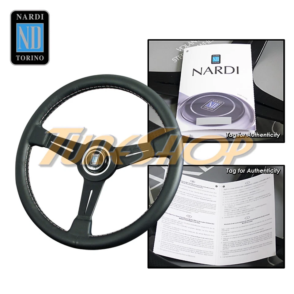 ITALY NARDI CLASSIC 360MM STEERING WHEEL BLACK LEATHER BLK SPOKE GREY STICHING - Image 1 of 1