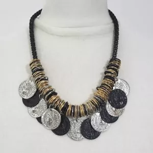 French Faux Coins Necklace Black Gold Silver Tone Metal Rings Chain Jewellery  - Picture 1 of 8
