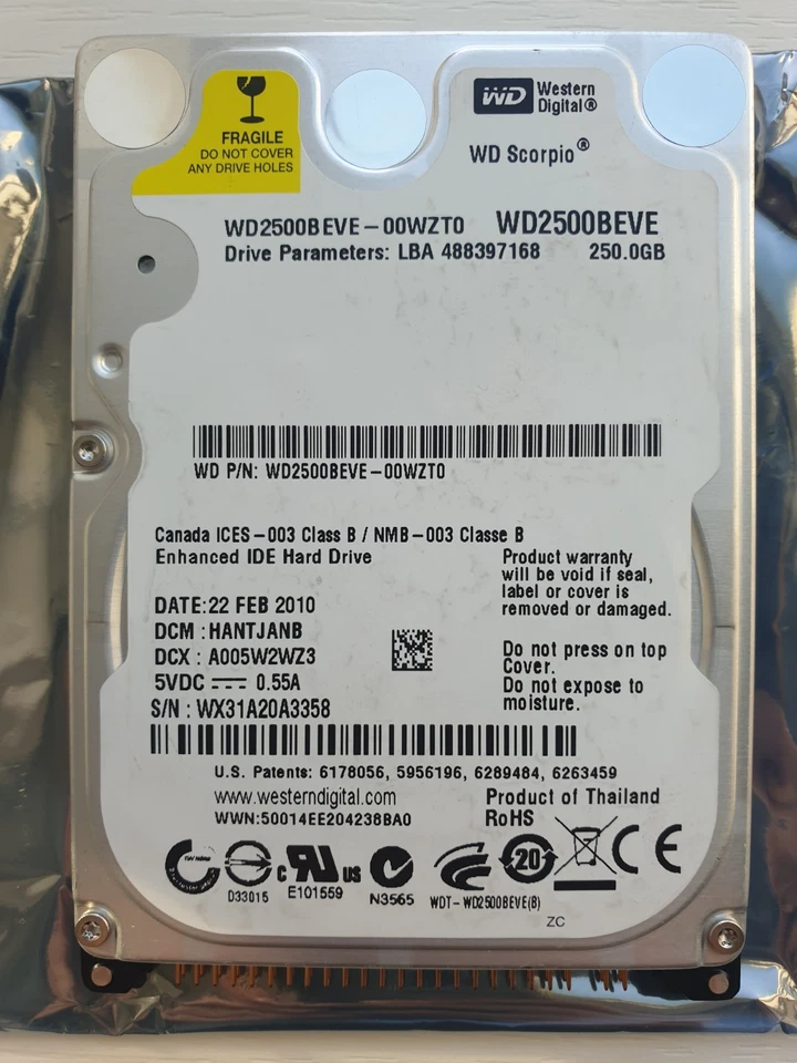 Western Digital 250GB WD2500BEVE-00WZT0 2.5" IDE HARD DRIVE WD - DCM: HANTJANB - Image 1 of 1