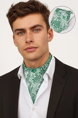 FASHION HABITAT Modern Floral Green Satin Silk Cravat Ascot Self Tie Mens Scarf Wedding Gift A9