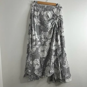 Boston Proper Midi Skirt Womens M Black White Striped Floral Maxi Ruched Boho - Picture 1 of 12