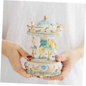 Gift Wrapped Music Box Carousel Horse Color Lights Unicorn Musical Merry Blue - Picture 1 of 7