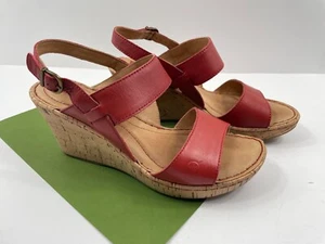 Born Women's RED Cork Wedge Heel Leather Sandals Slingback Size 8 - Picture 1 of 8