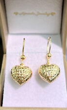 18k Solid Yellow Gold Heart Dangle Leverback Earrings, Diamond Cut 1.86 Grams