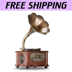 Stylish Phonograph Turntable with Copper Horn and Bluetooth/USB Connectivity - Picture 1 of 11