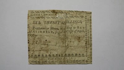 1761 20 Shillings North Carolina Colonial Currency Note Bill! RARE ISSUE! 20s - Image 1 of 2
